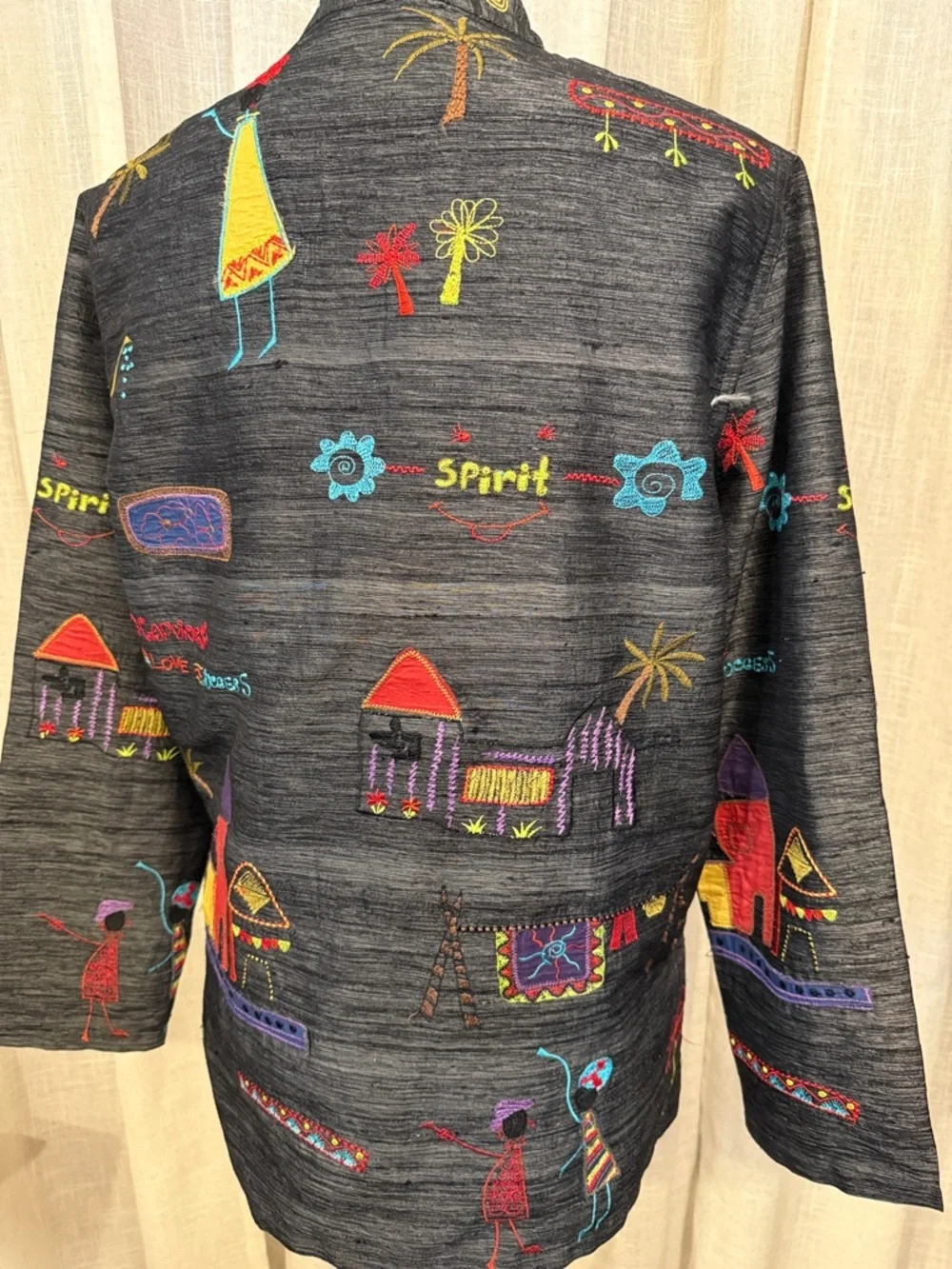 Chico’s Embroidered Art Jacket Size 0 Silk Blend Whimsical Village Button Front - Picture 7 of 14